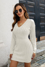 Cable-Knit V-Neck Long Sleeve Mini Sweater Dress - Delanoir