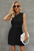 Tied Round Neck Sleeveless Sweater Dress - Delanoir