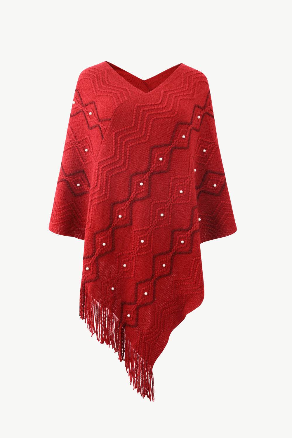 Pearl Trim V-Neck Fringe Hem Poncho - Delanoir