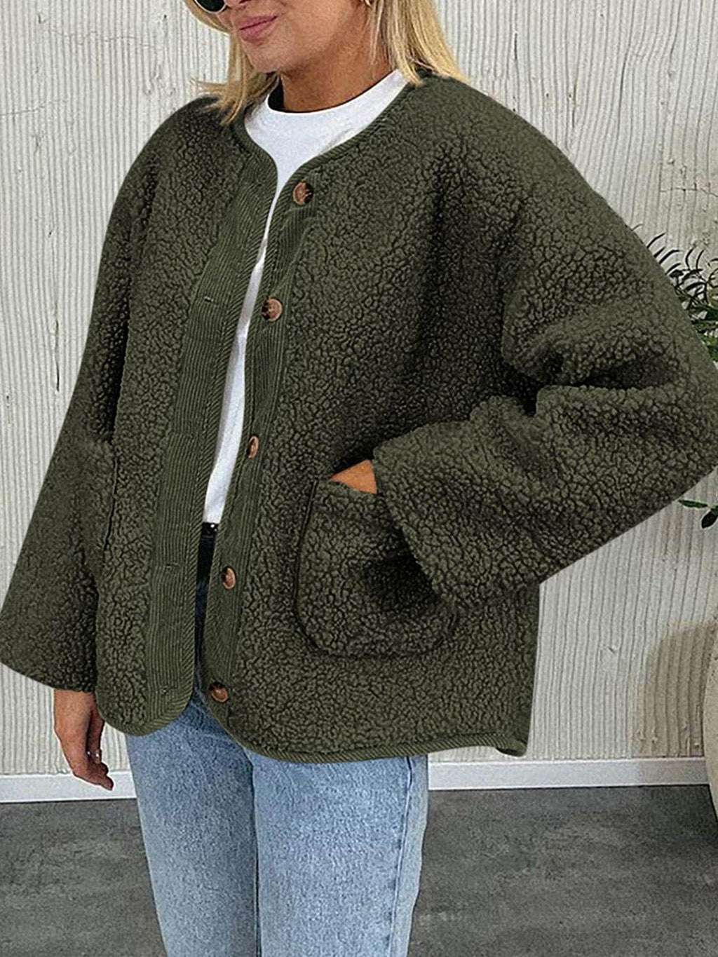 Contrast Button Up Sherpa Jacket with Pockets - Delanoir