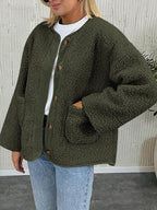 Contrast Button Up Sherpa Jacket with Pockets - Delanoir