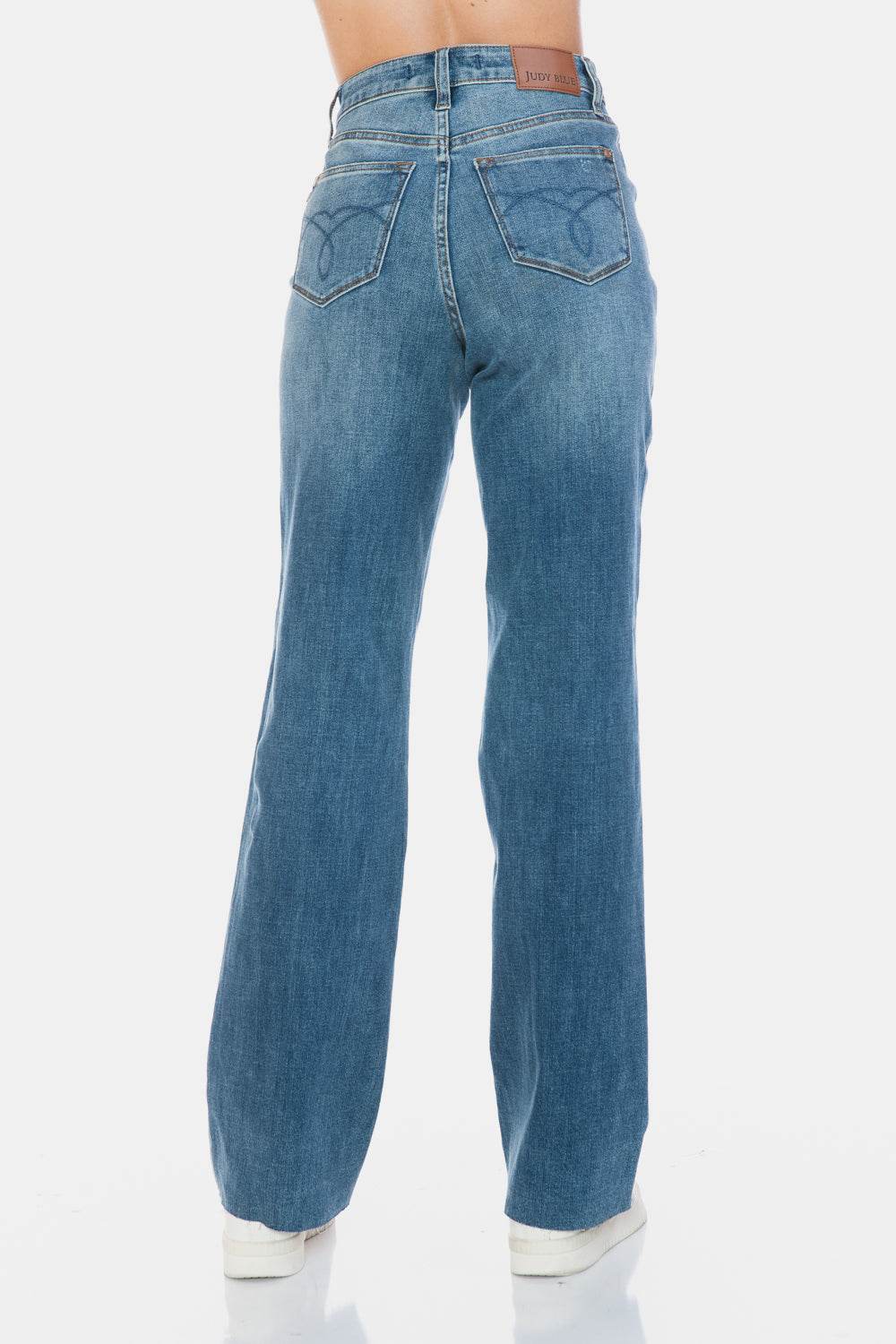 Judy Blue Full Size Tummy Control Cut Raw Hem Straight Jeans - Delanoir