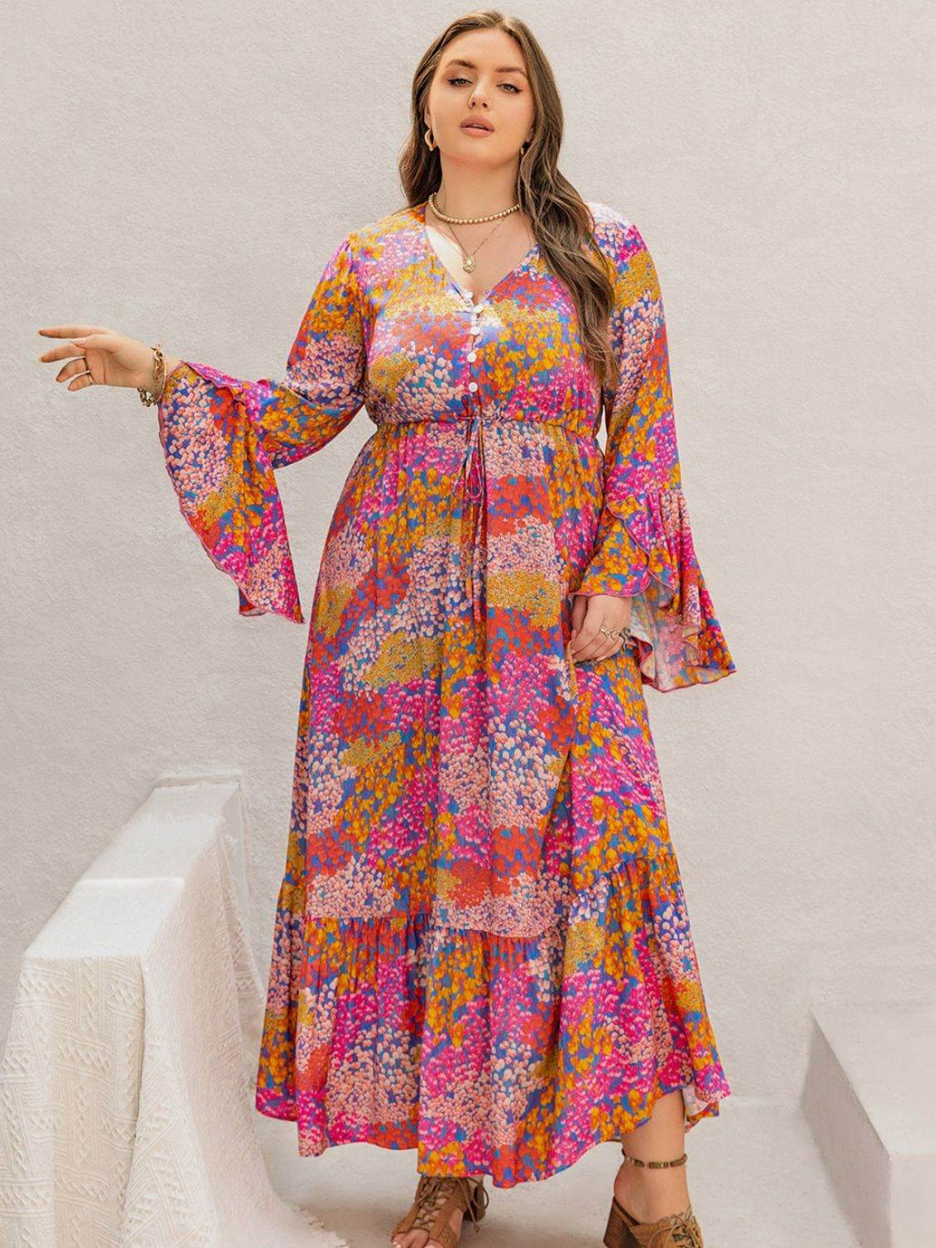 Plus Size Printed V-Neck Long Sleeve Maxi Dress - Delanoir