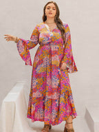 Plus Size Printed V-Neck Long Sleeve Maxi Dress - Delanoir