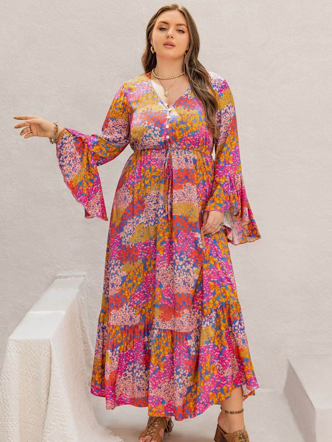 Plus Size Printed V-Neck Long Sleeve Maxi Dress - Delanoir