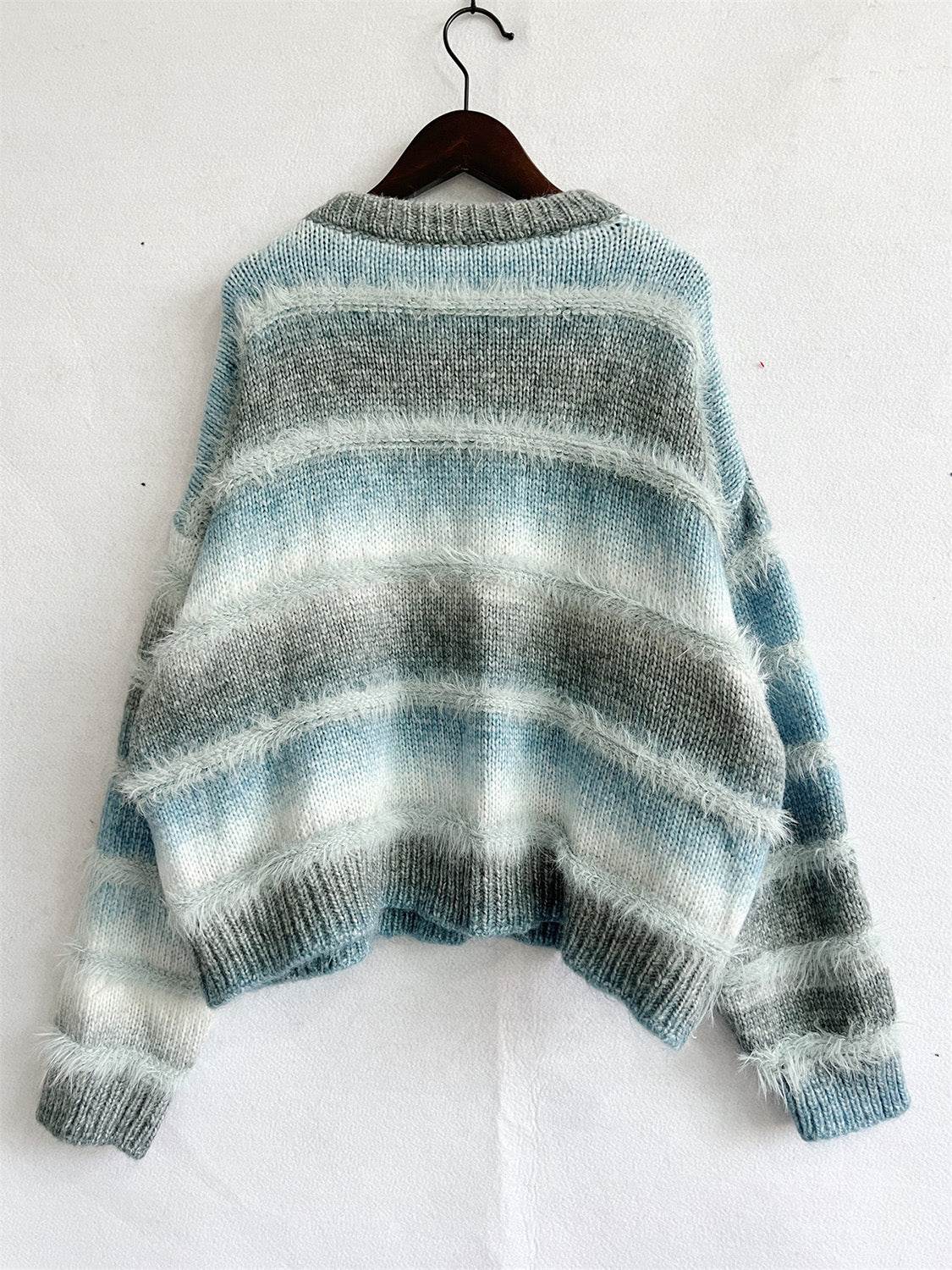 Striped Round Neck Long Sleeve Sweater - Delanoir