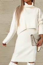 Turtleneck Dropped Shoulder Sweater and Midi Dress Sweater Set - Delanoir