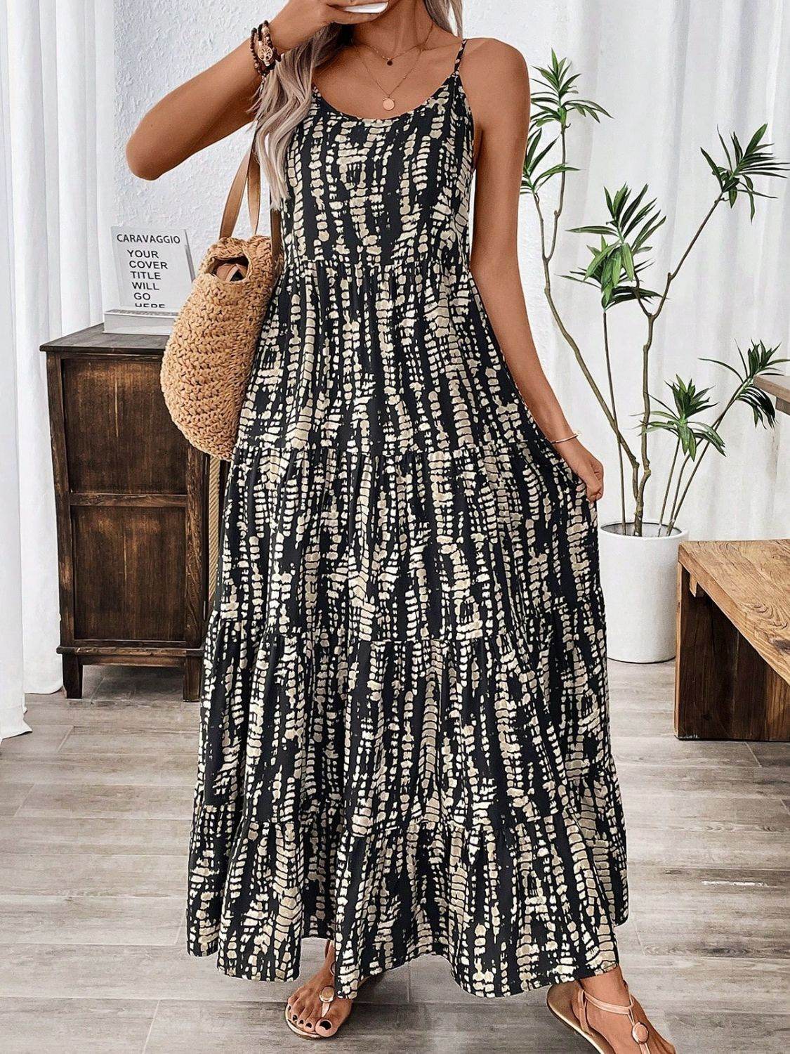 Printed Scoop Neck Maxi Cami Dress - Delanoir