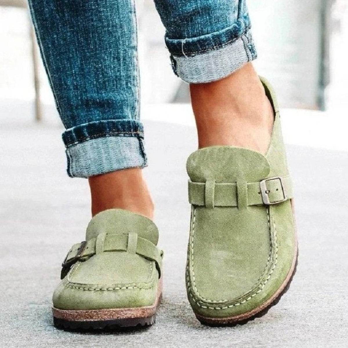 Round Toe Low Heel Buckle Loafers - Delanoir