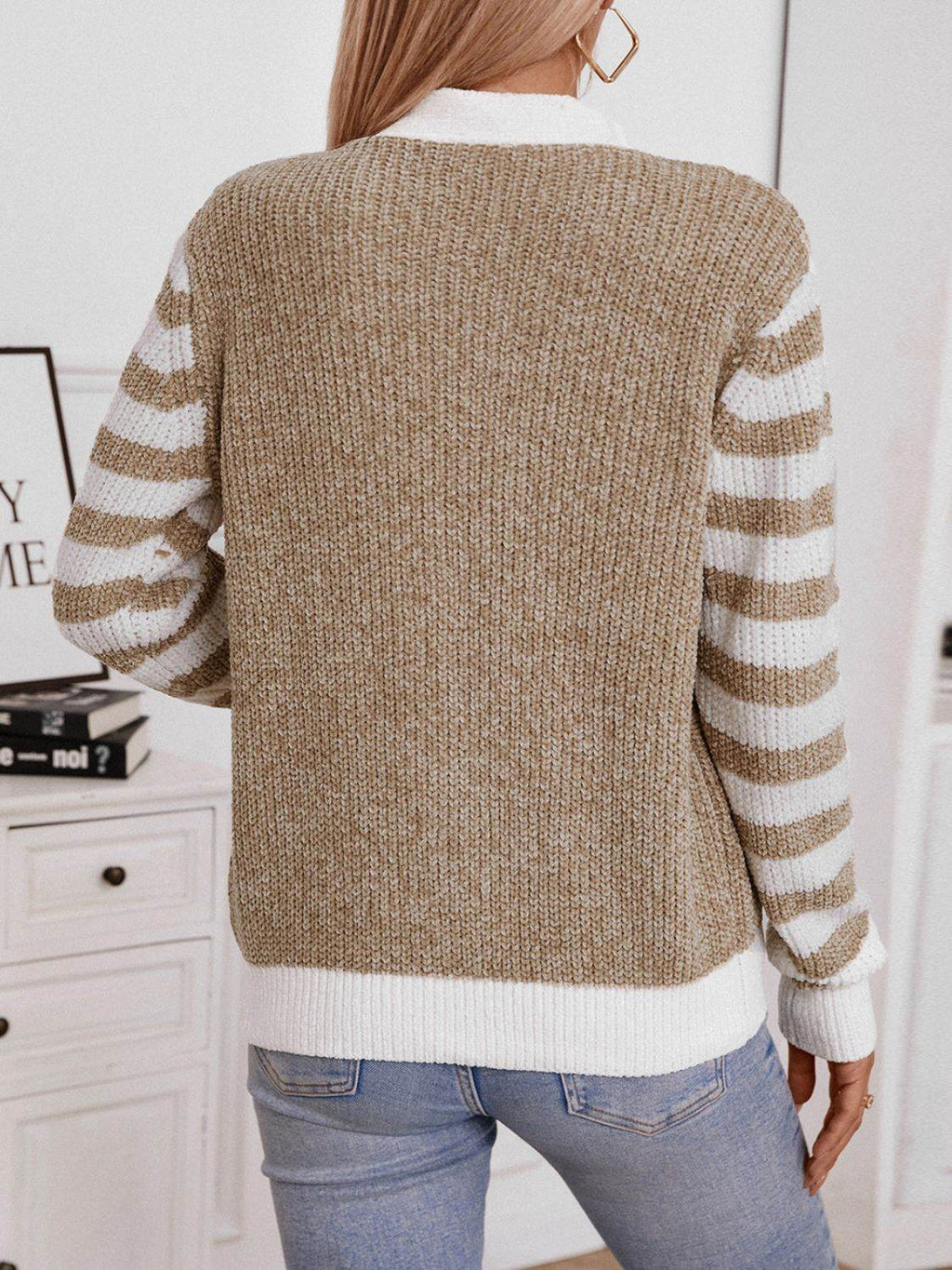 Striped Button Up Long Sleeve Cardigan - Delanoir
