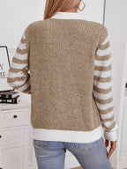 Striped Button Up Long Sleeve Cardigan - Delanoir
