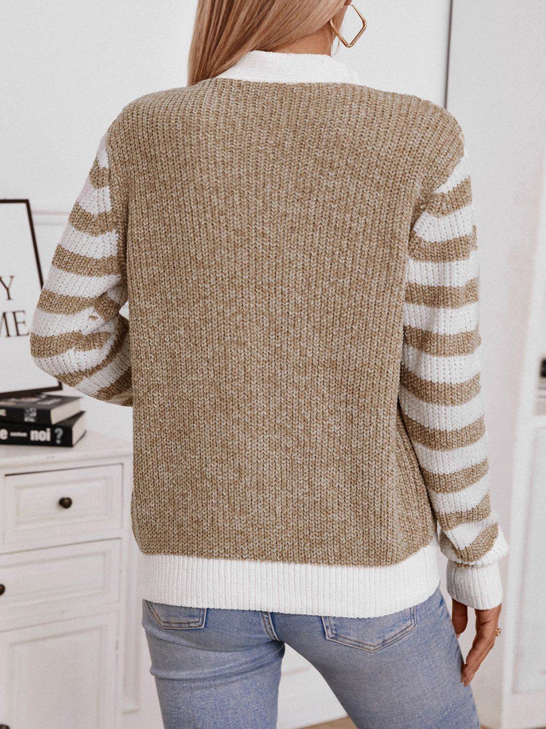 Striped Button Up Long Sleeve Cardigan - Delanoir