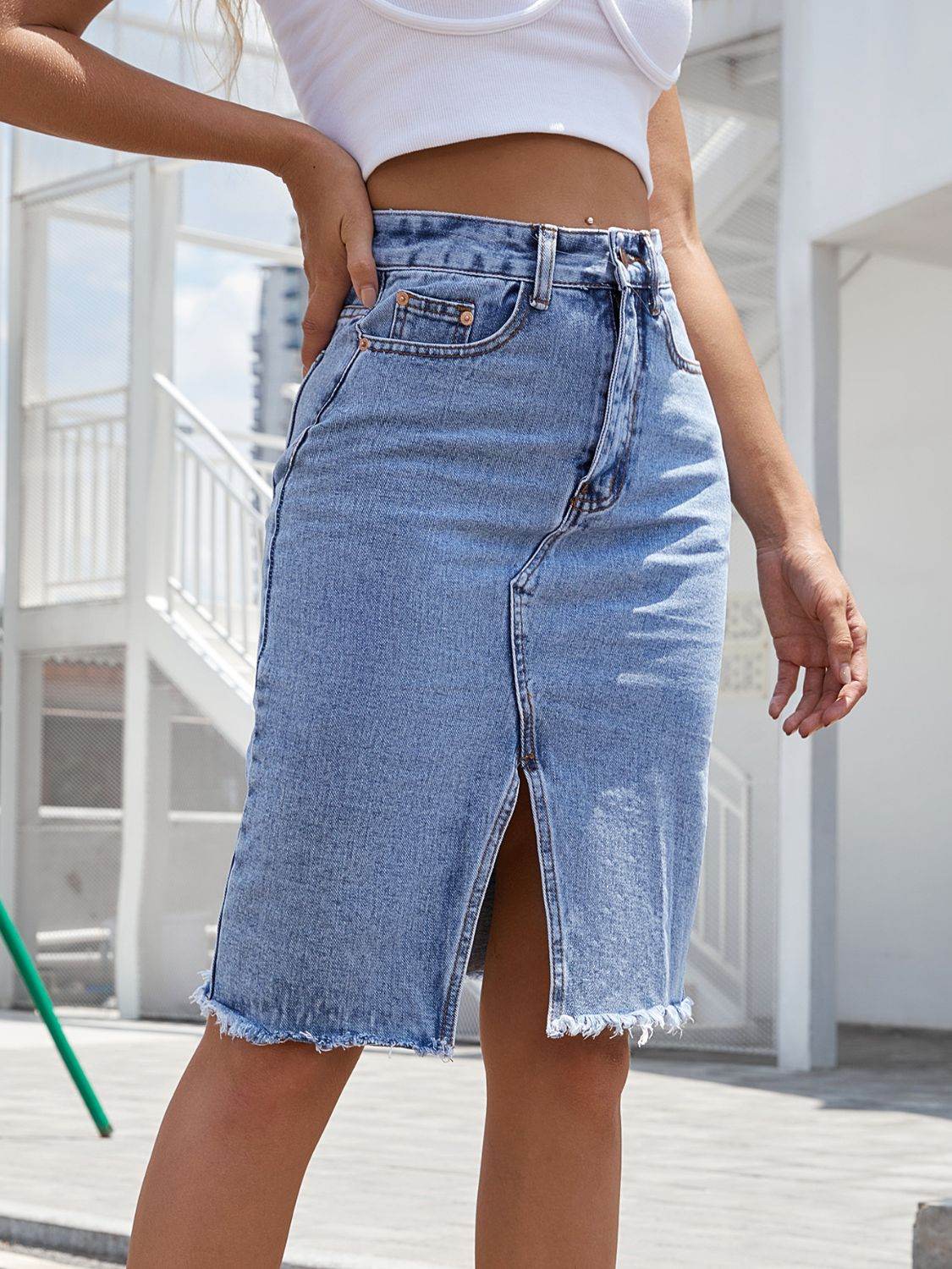 Raw Hem Slit Denim Skirt - Delanoir