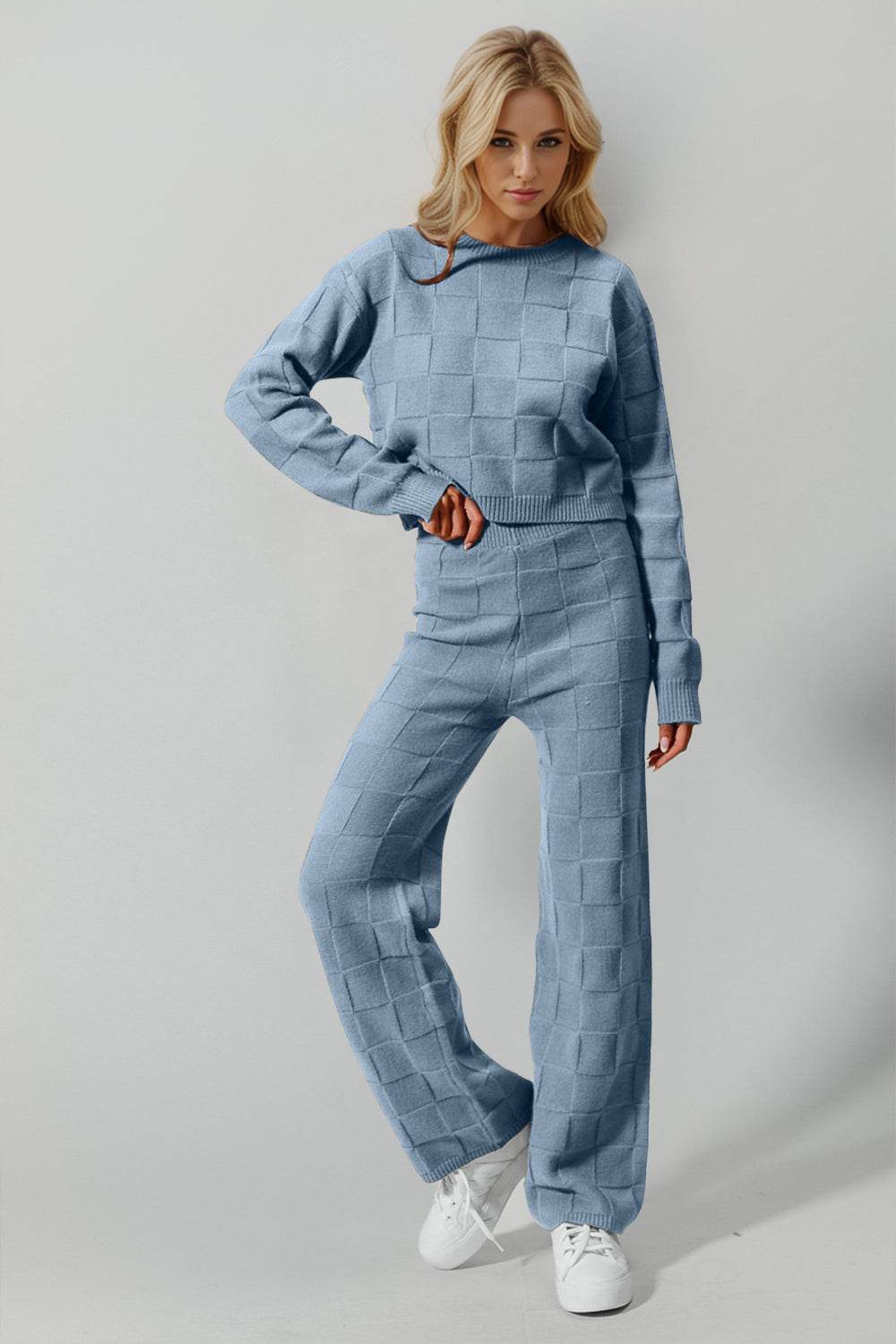 Double Take Full Size Checkered Round Neck Top and Pants Set - Delanoir