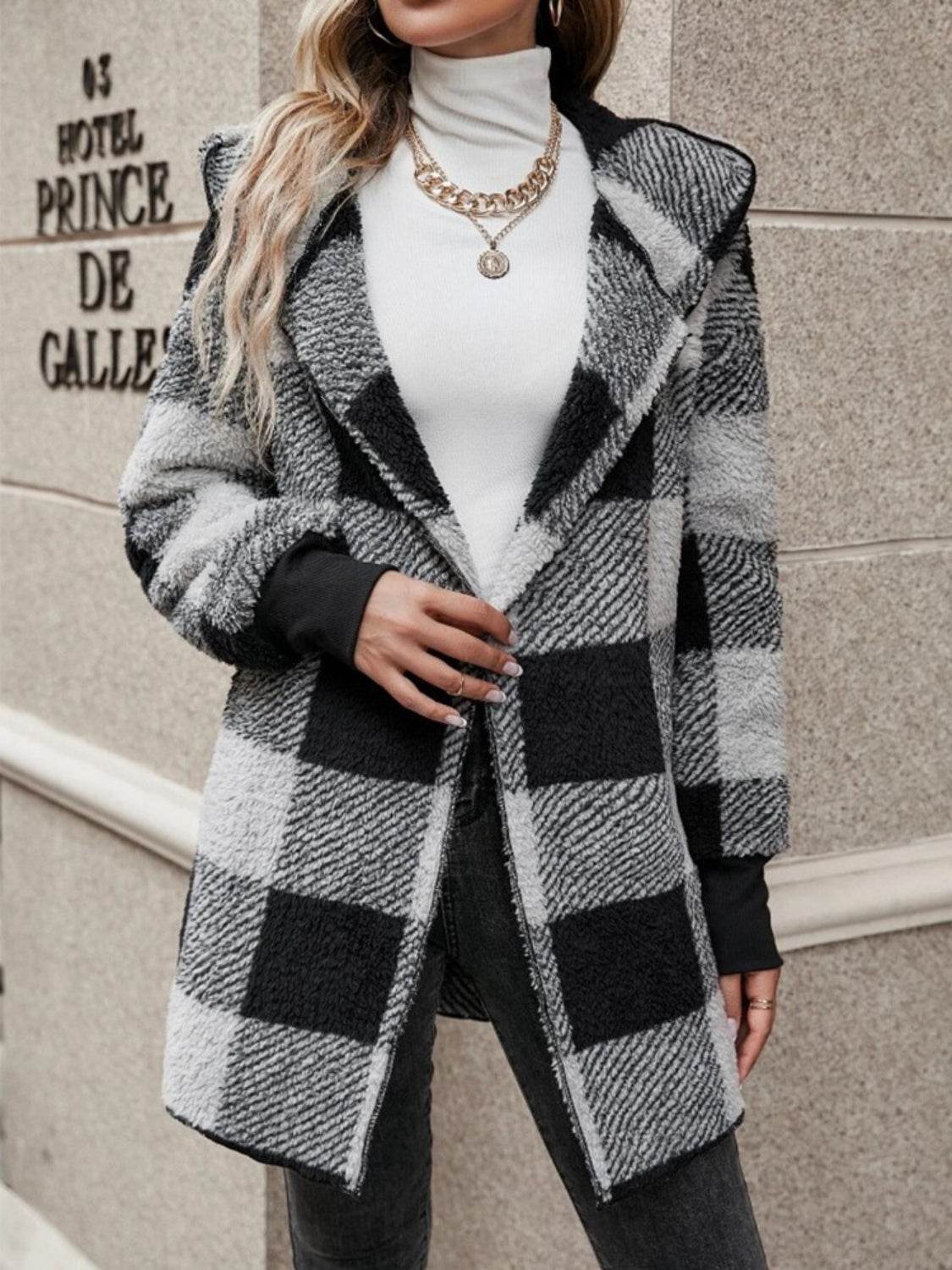 Plaid Long Sleeve Hooded Coat - Delanoir