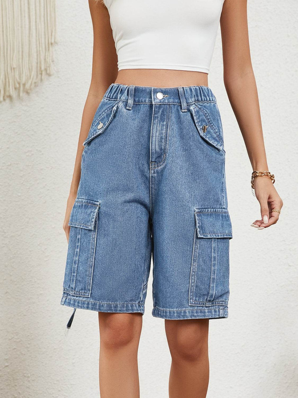 High Waist Denim Shorts with Pockets - Delanoir