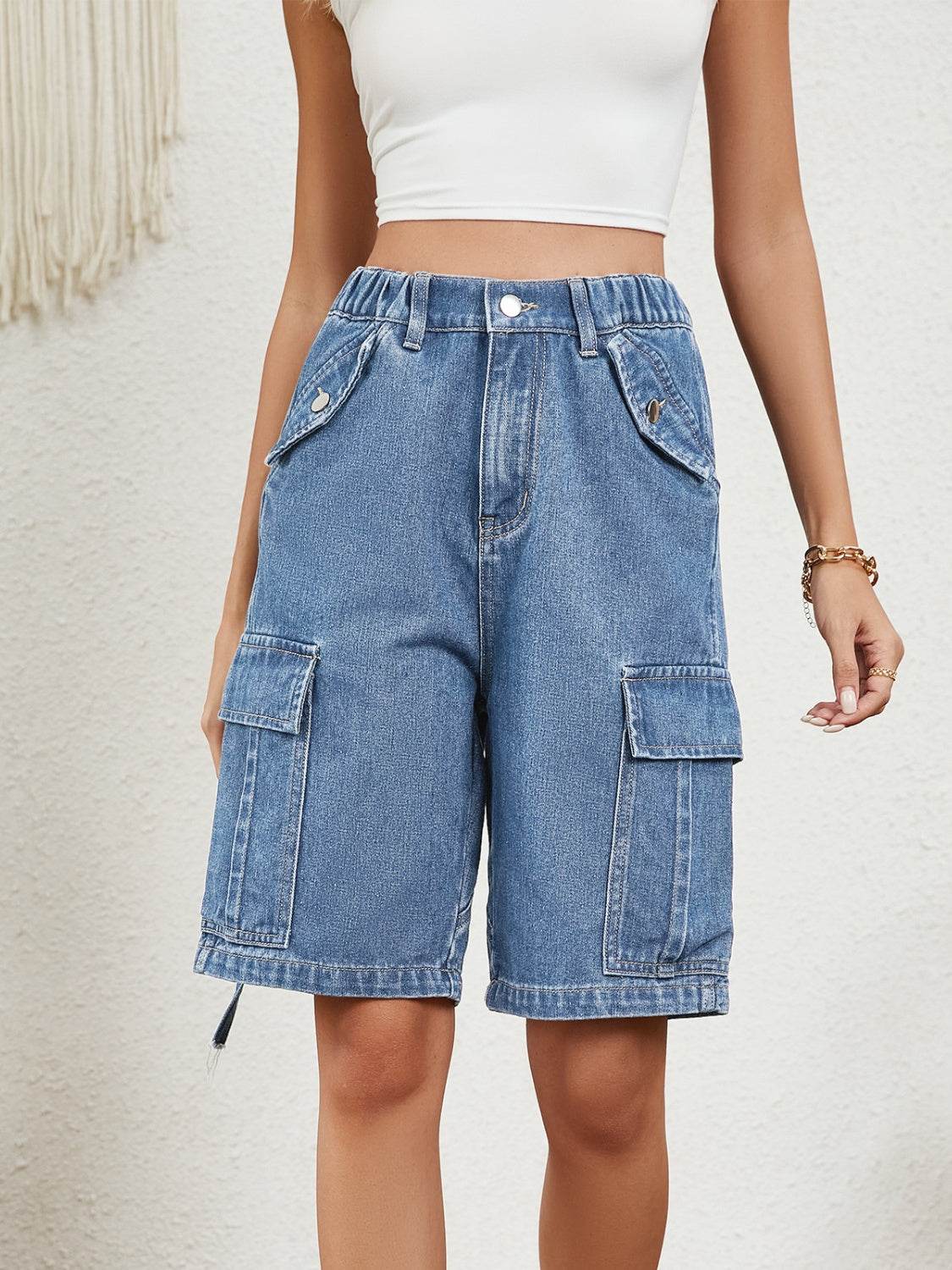 High Waist Denim Shorts with Pockets - Delanoir