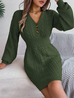 Buttoned Cable-Knit V-Neck Sweater Dress - Delanoir
