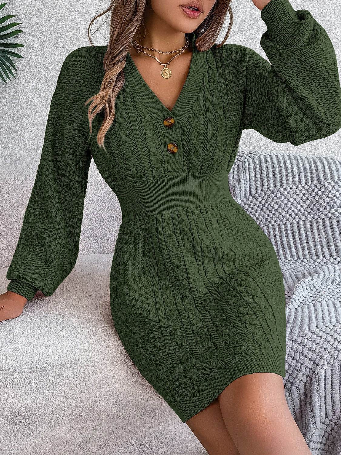 Buttoned Cable-Knit V-Neck Sweater Dress - Delanoir