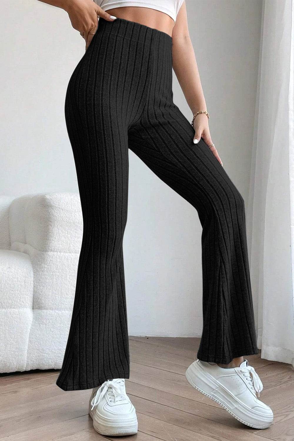Basic Bae Full Size Ribbed High Waist Flare Pants - Delanoir
