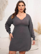 Plus Size Dropped Shoulder Long Sleeve Knit Mini Dress - Delanoir