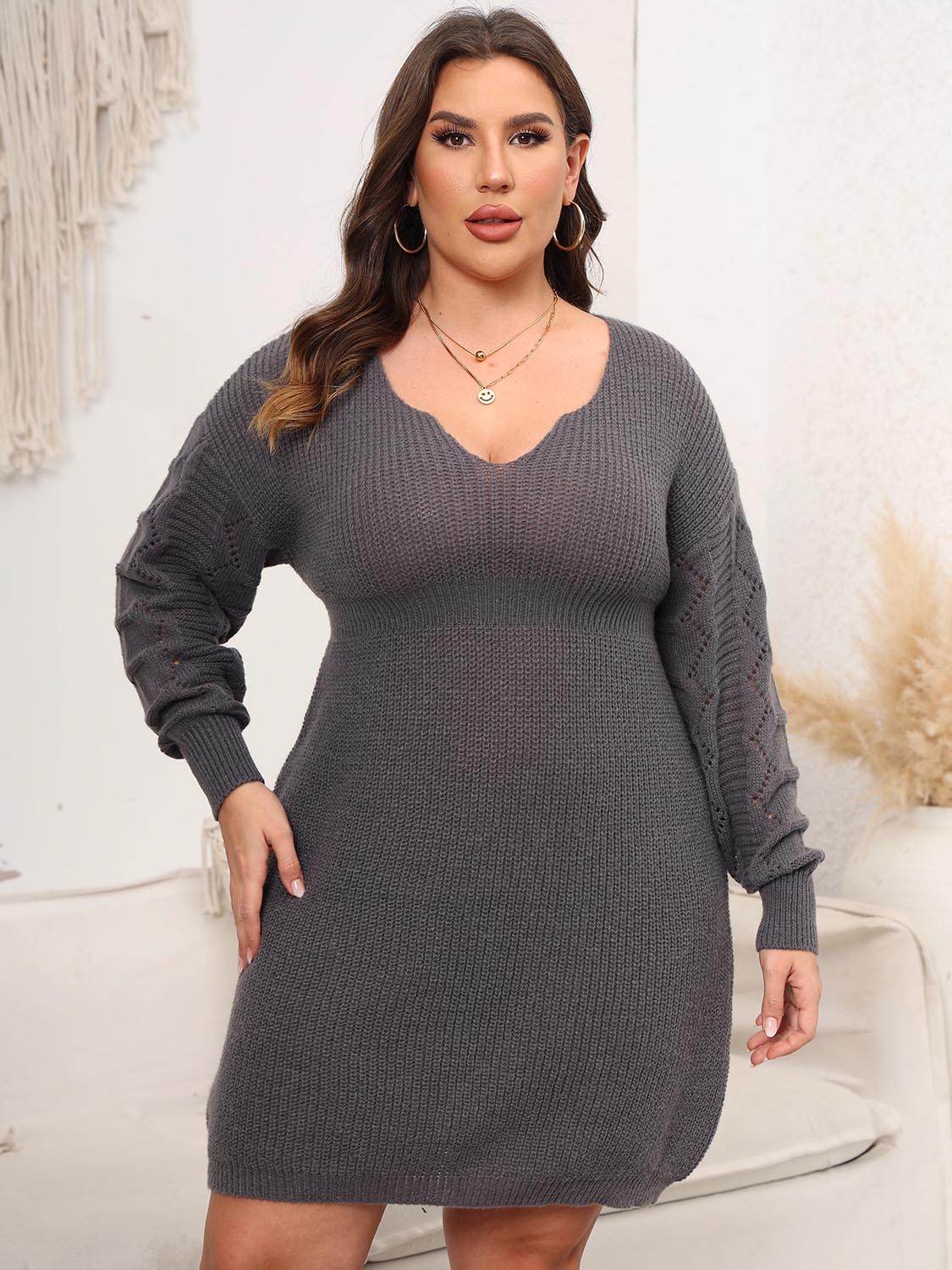 Plus Size Dropped Shoulder Long Sleeve Knit Mini Dress - Delanoir