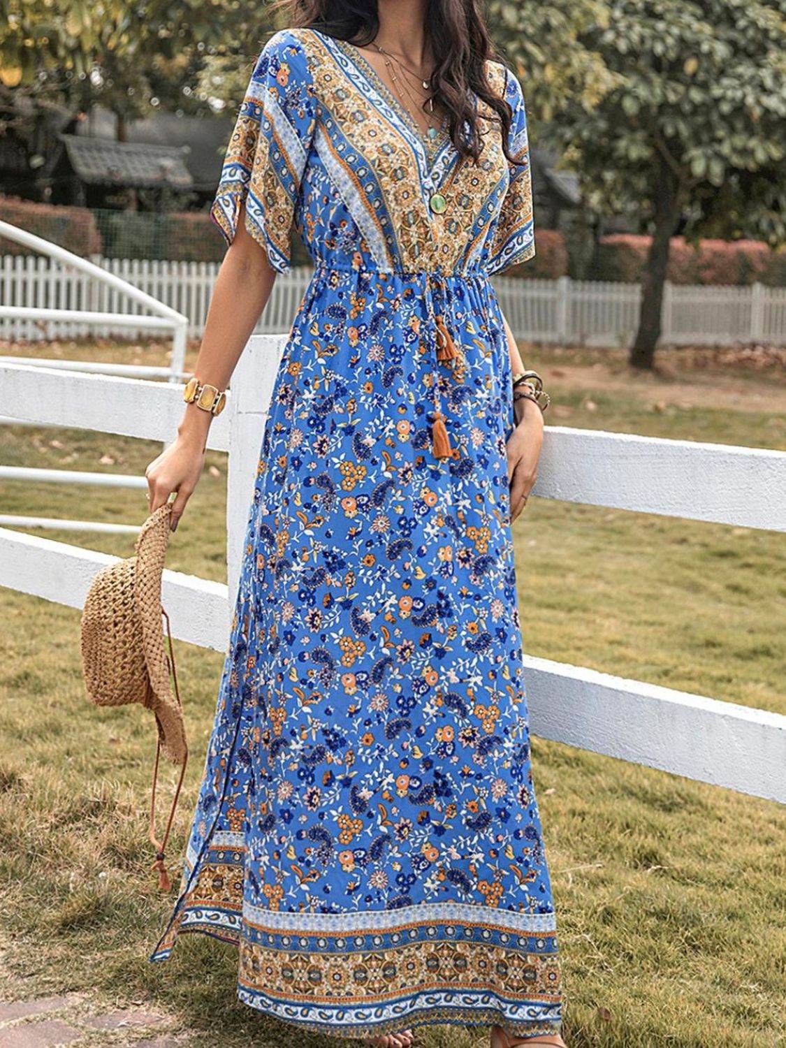 Slit Printed V-Neck Half Sleeve Maxi Dress - Delanoir