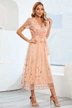 Sequin Leaf Embroidery Tie Front Short Sleeve Dress - Delanoir