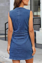 Full Size Button Up V-Neck Sleeveless Denim Dress - Delanoir