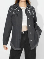 Raw Hem Pearl Trim Collared Neck Denim Top - Delanoir