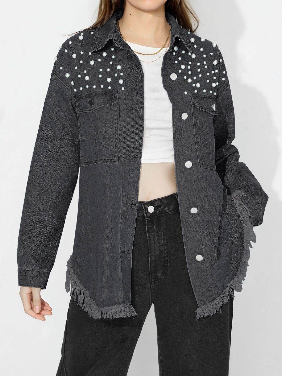 Raw Hem Pearl Trim Collared Neck Denim Top - Delanoir