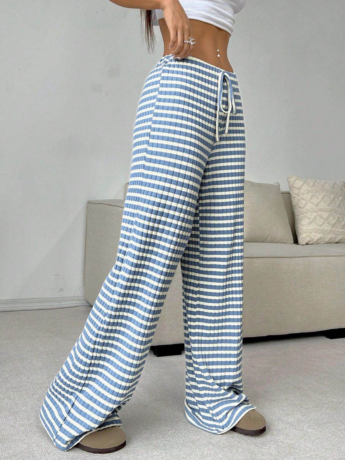 Tied Striped Wide Leg Pants - Delanoir