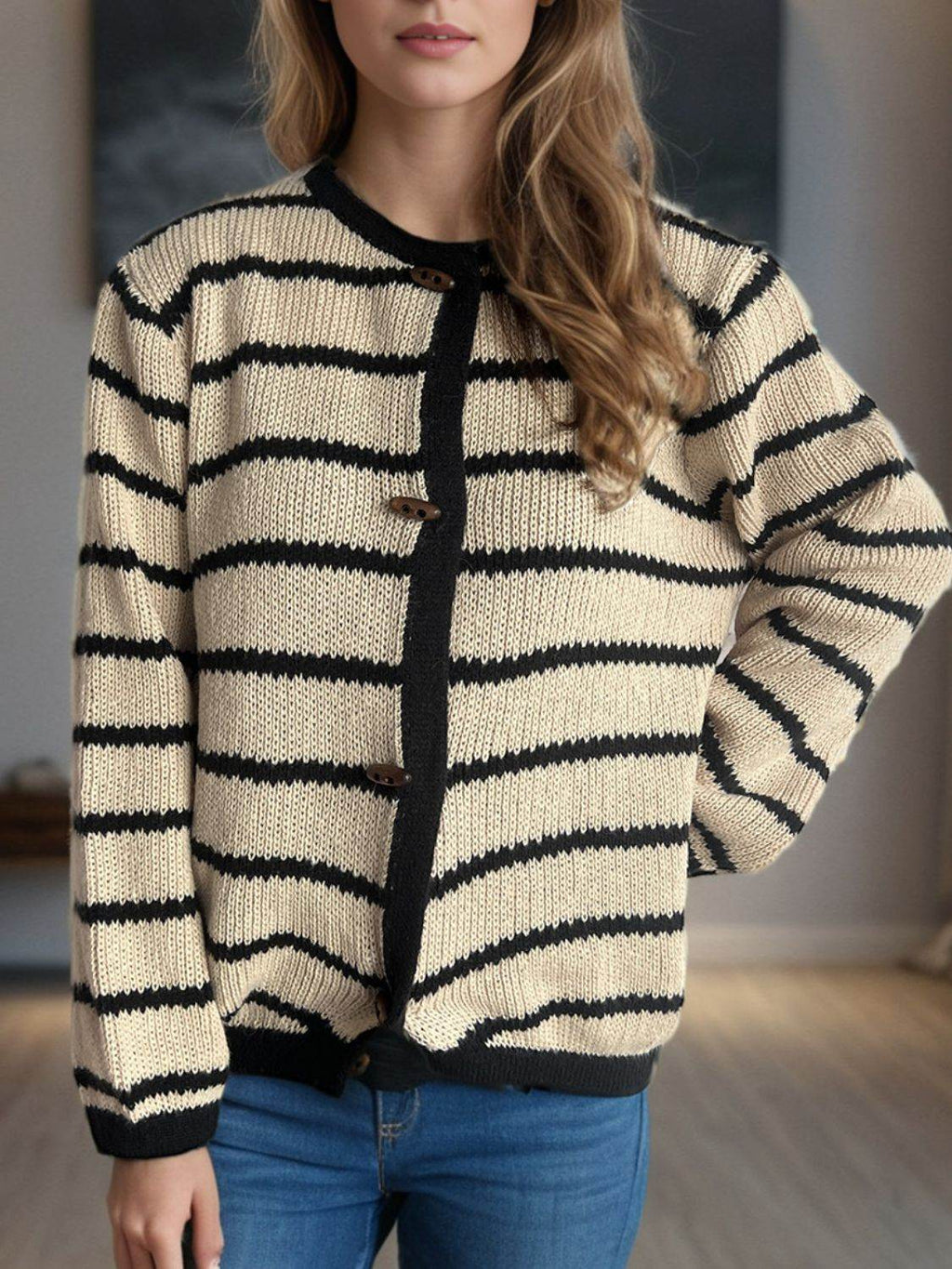 Striped Round Neck Long Sleeve Cardigan - Delanoir