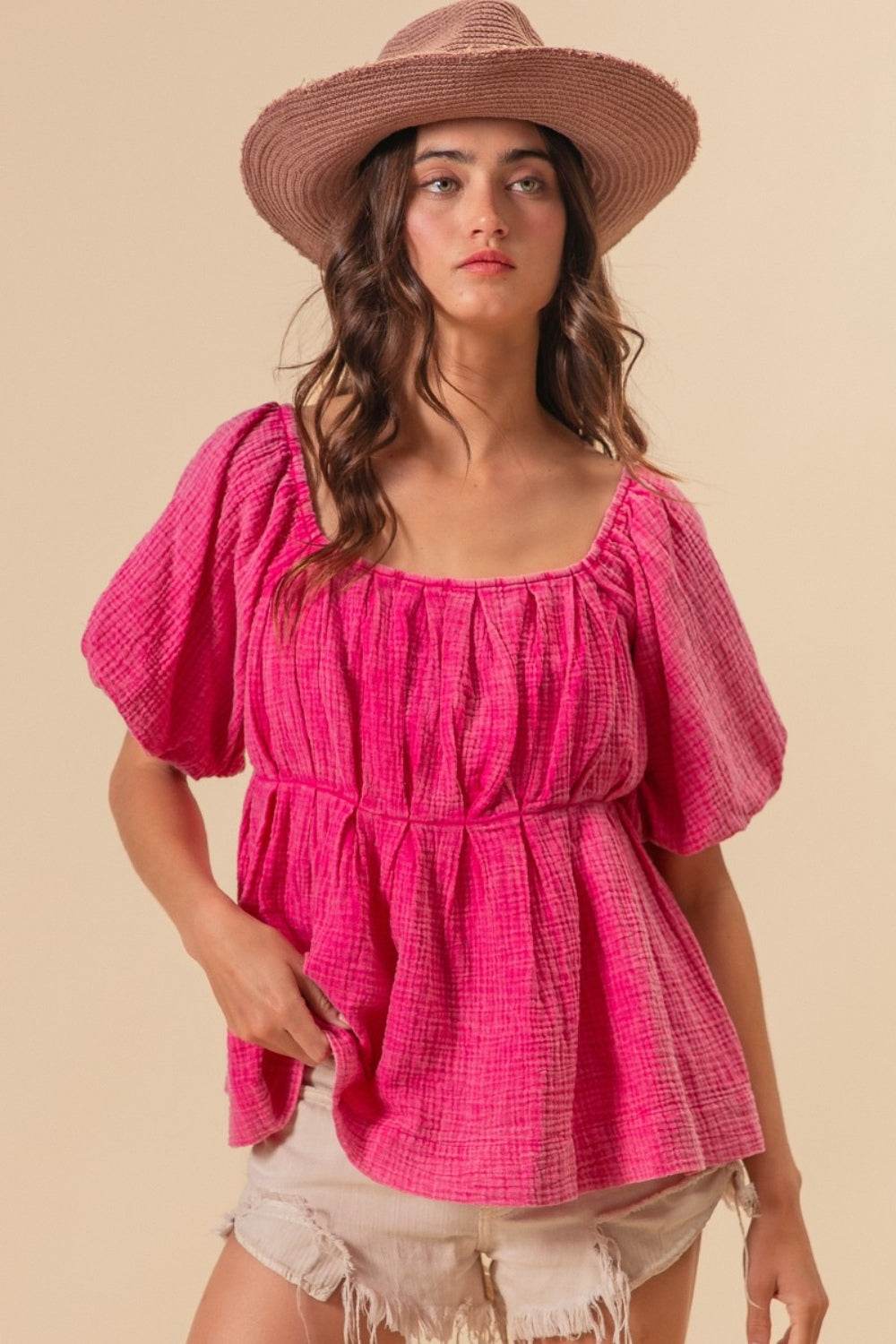 BiBi Pleated Puff Sleeve Washed Blouse - Delanoir
