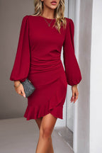 Devine Ruched Ruffled Balloon Sleeve Mini Dress - Delanoir