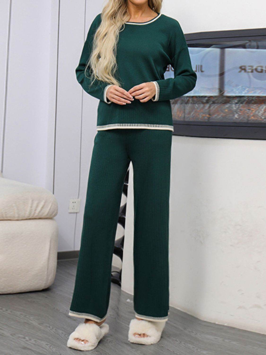 Contrast Trim Round Neck Top and Pants Sweater Set - Delanoir