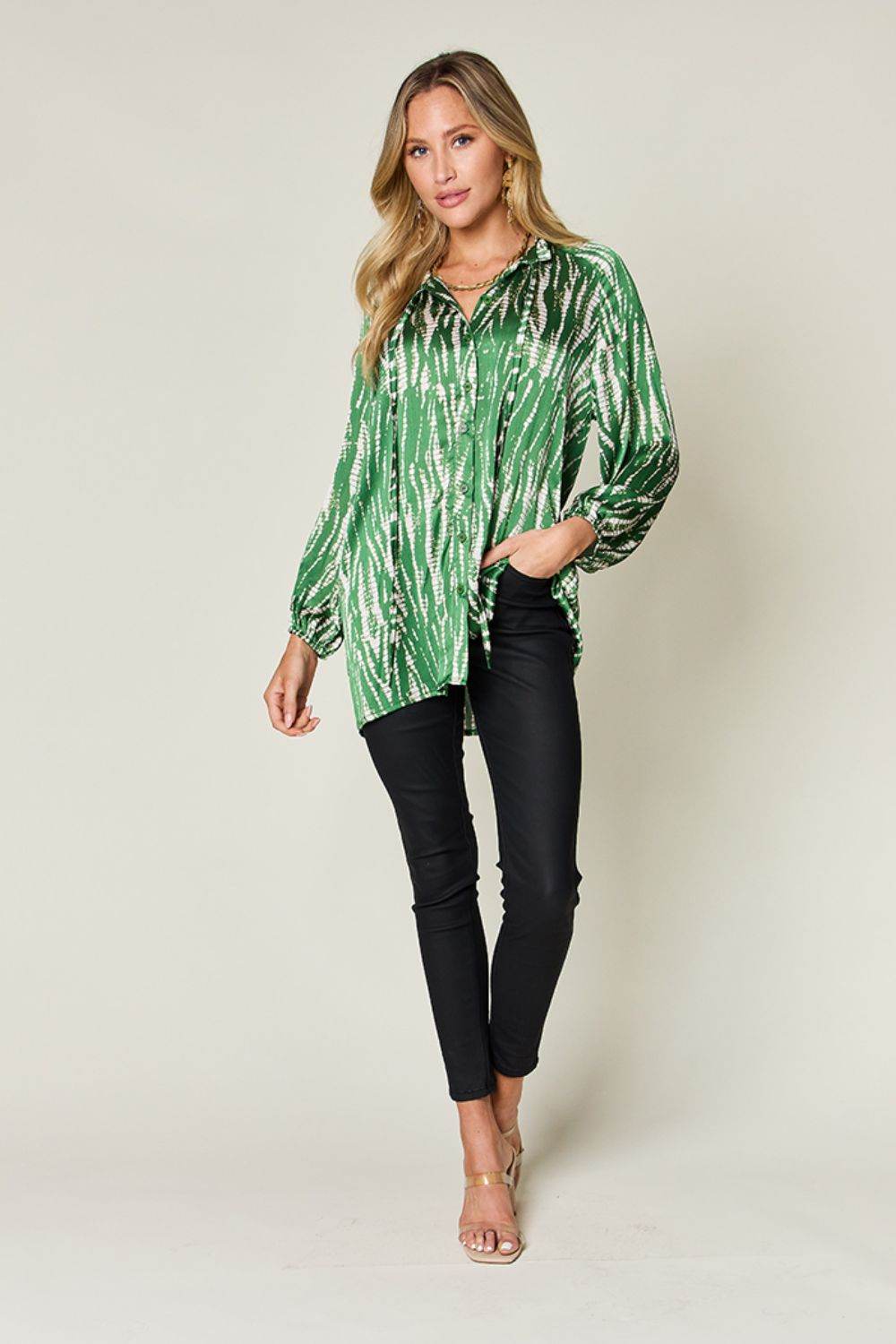 Double Take Full Size Printed Button Up Long Sleeve Shirt - Delanoir