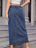 Slit Midi Denim Skirt with Pockets - Delanoir