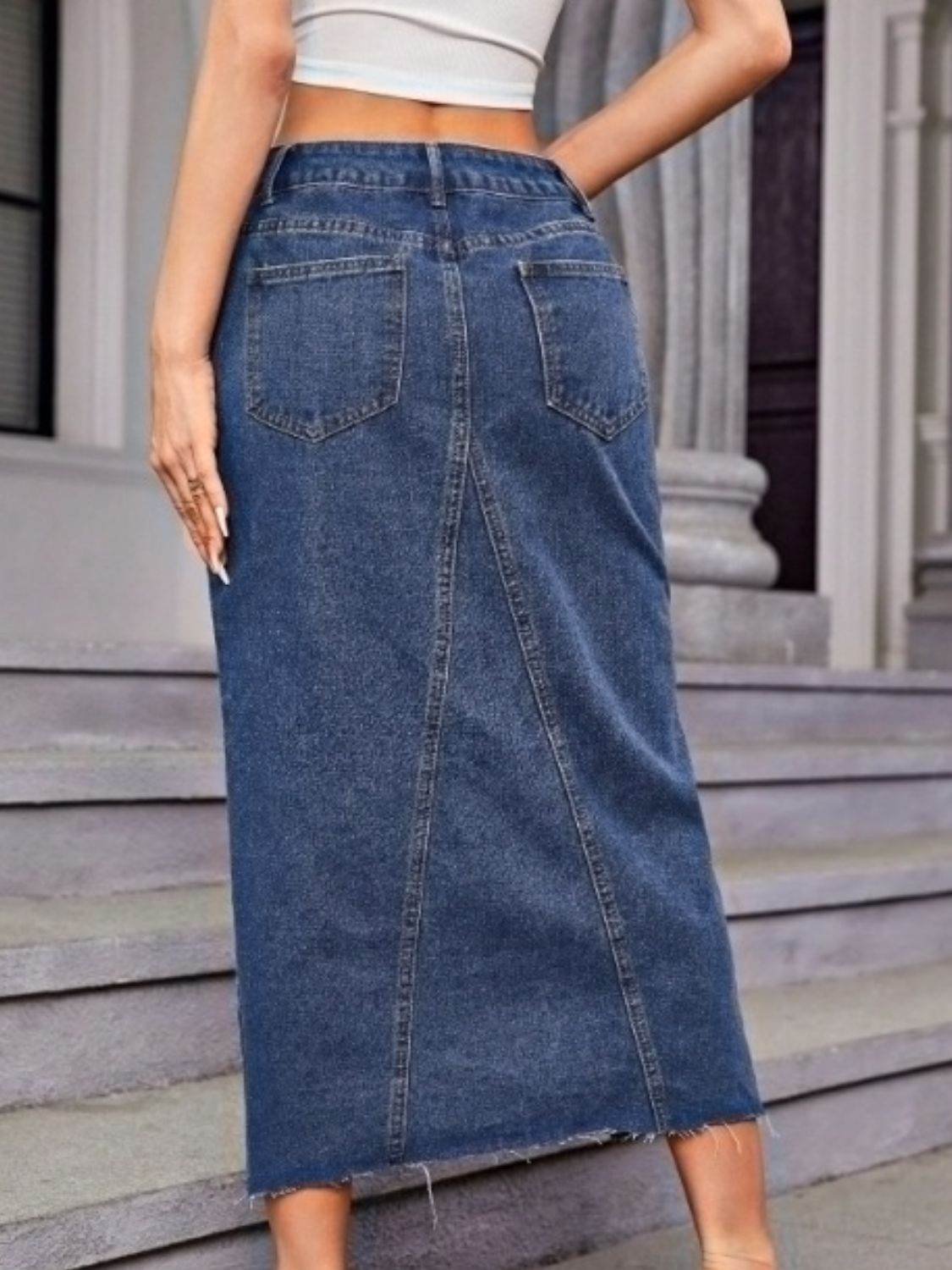 Slit Midi Denim Skirt with Pockets - Delanoir