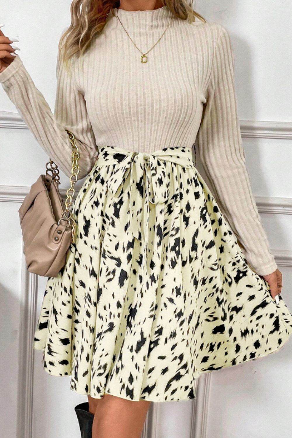 Printed Tie Waist Mock Neck Long Sleeve Dress - Delanoir