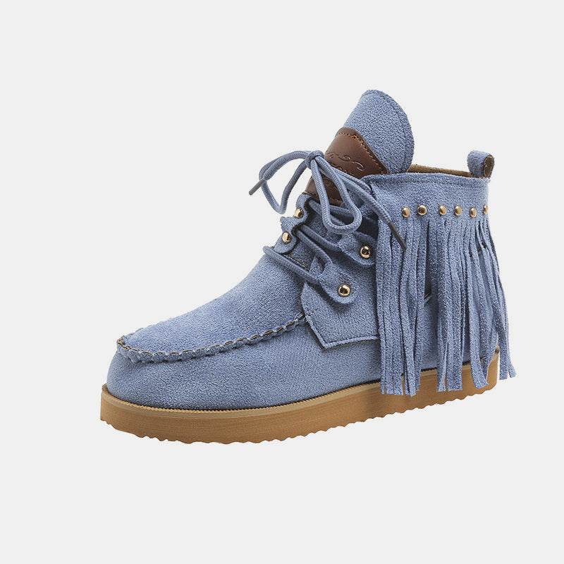 Fringe Studded Round Toe Canvas Boots - Delanoir