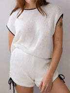 Contrast Trim Round Neck Top and Shorts Sweater Set - Delanoir