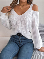 Cable-Knit Cold Shoulder Long Sleeve Sweater - Delanoir