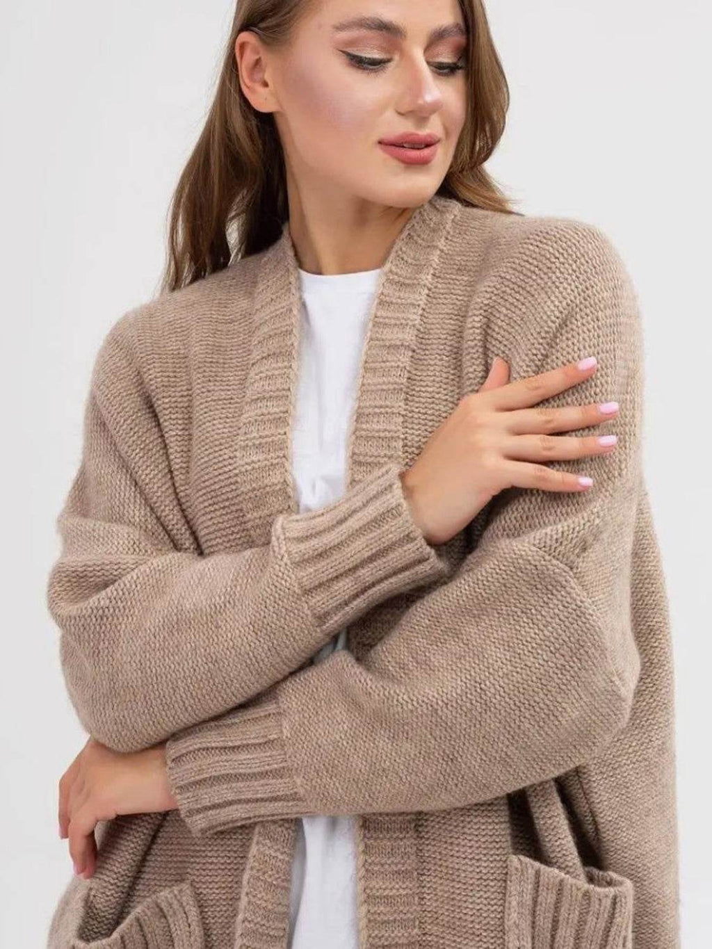 Pocketed Open Front Long Sleeve Longline Cardigan - Delanoir