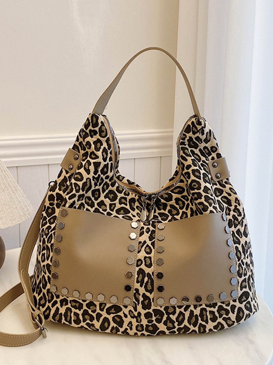 Leopard Polyester Shoulder Bag with Zippers - Delanoir