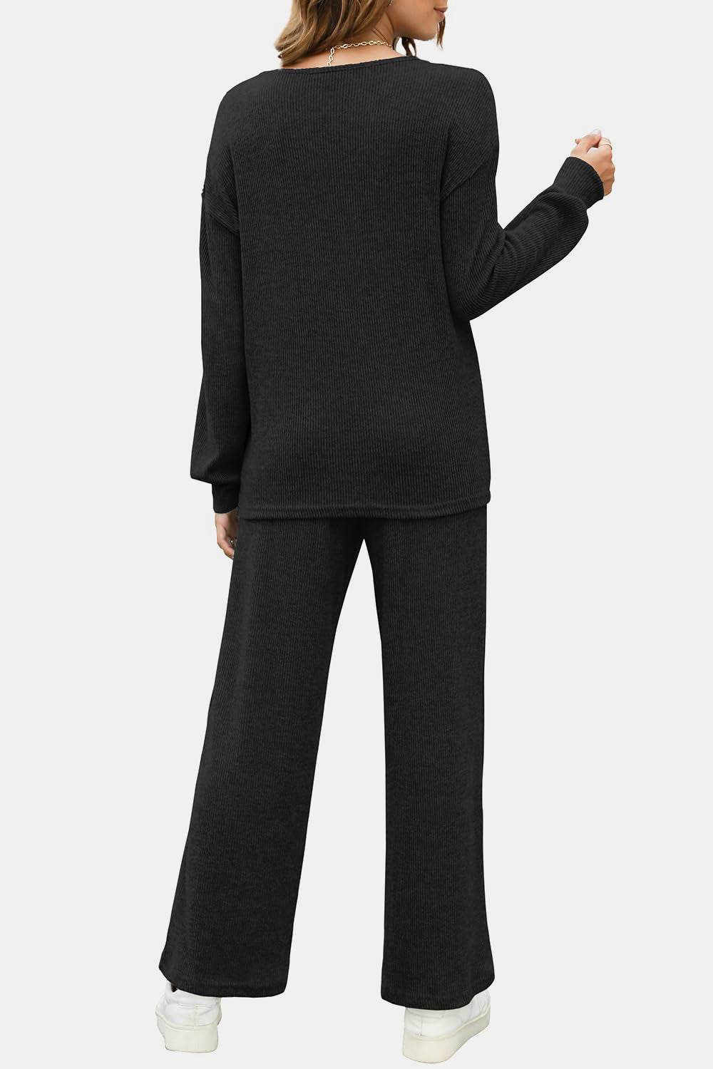 Round Neck Long Sleeve Top and Pants Set - Delanoir