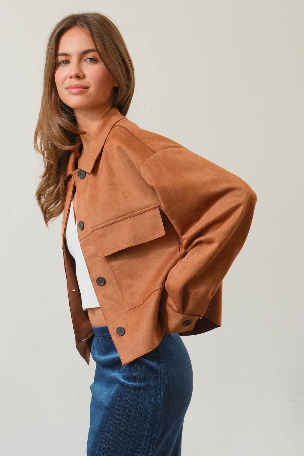 HYFVE Suede Button Down Cropped Jacket - Delanoir
