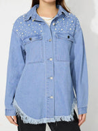 Raw Hem Pearl Trim Collared Neck Denim Top - Delanoir