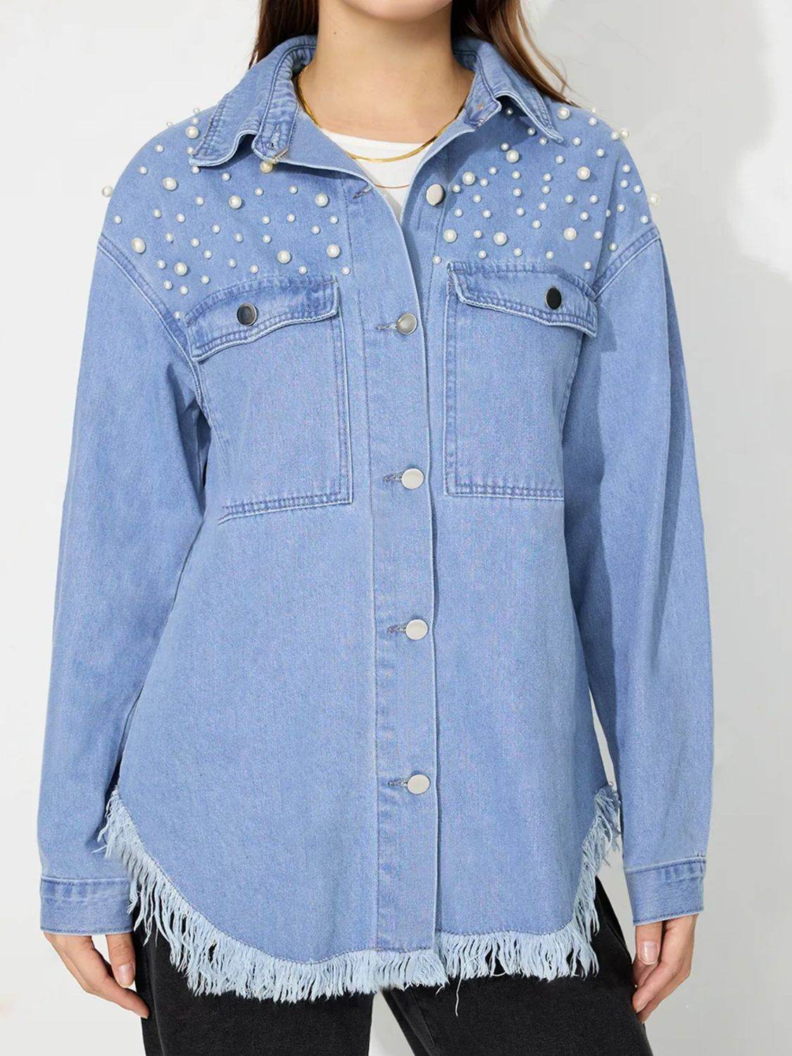 Raw Hem Pearl Trim Collared Neck Denim Top - Delanoir