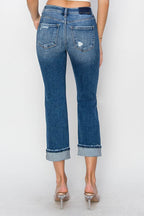 RISEN Full Size Cuffed Ankle Distressed Straight Jeans - Delanoir